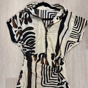 MANGO Abstract Print Button linen wrap dress in Black and Cream